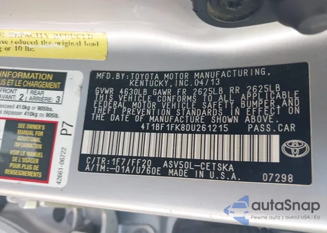 2013 Toyota Camry Se z USA, uszkodzony, nr VIN 4T1BF1FK8DU261215